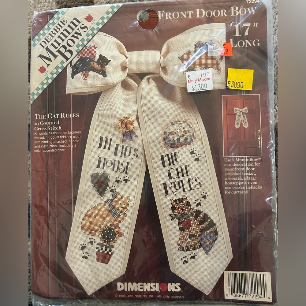 Dimensions Debbie Mumm Cross Stitch Kit THE CAT RULES Door Bow #72294